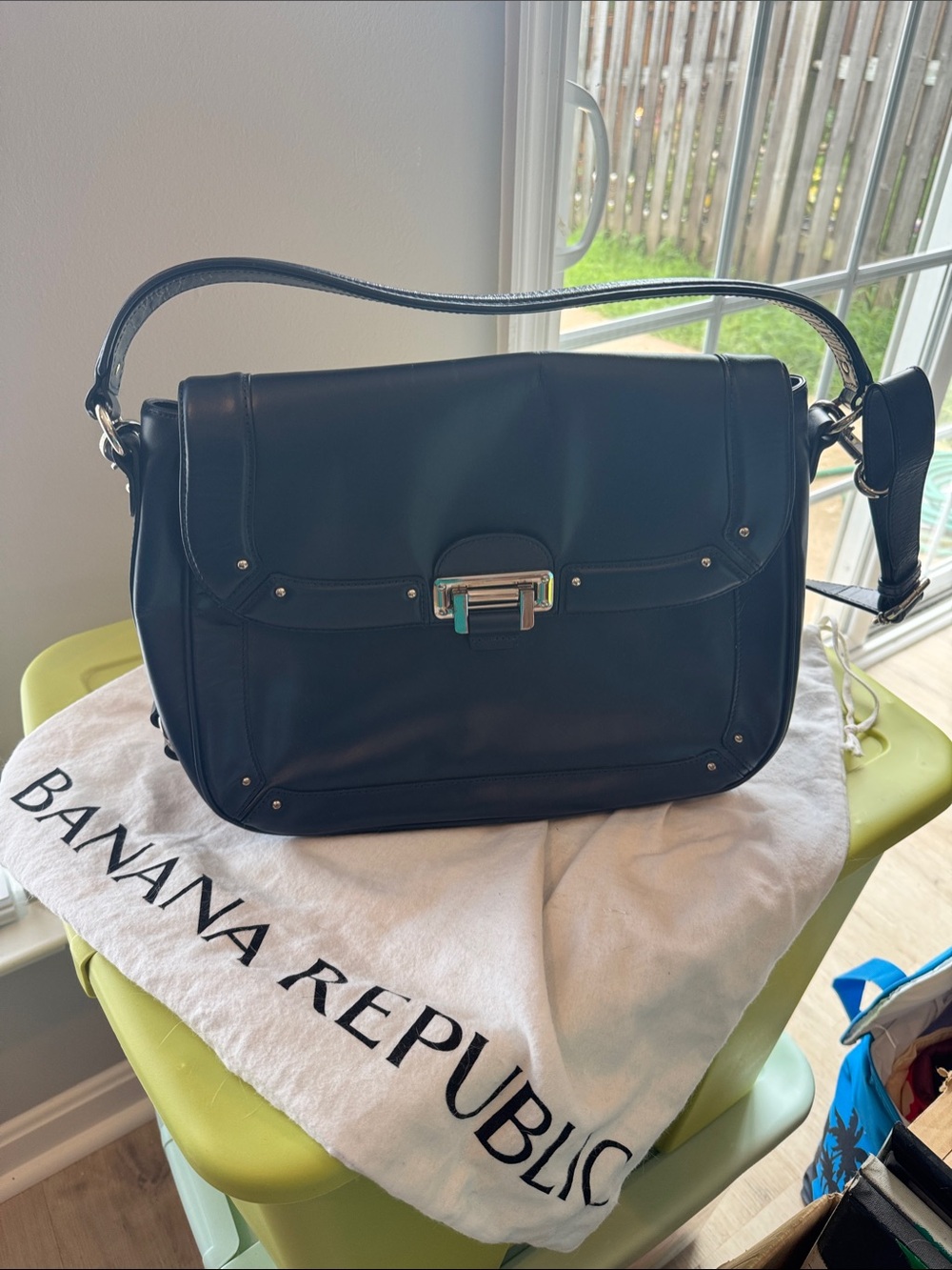 Banana Republic Navy Blue Leather Shoulder Satchel with Silver-Tone Clasp